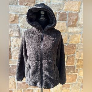 Tommy Hilfiger Black Full Zip Teddy Bear Fleece Faux Fur Hooded Jacket Size L